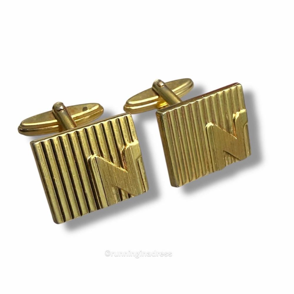 VTG 1980s Nina Ricci Gold Ribbon Textured N Monogram Cufflinks